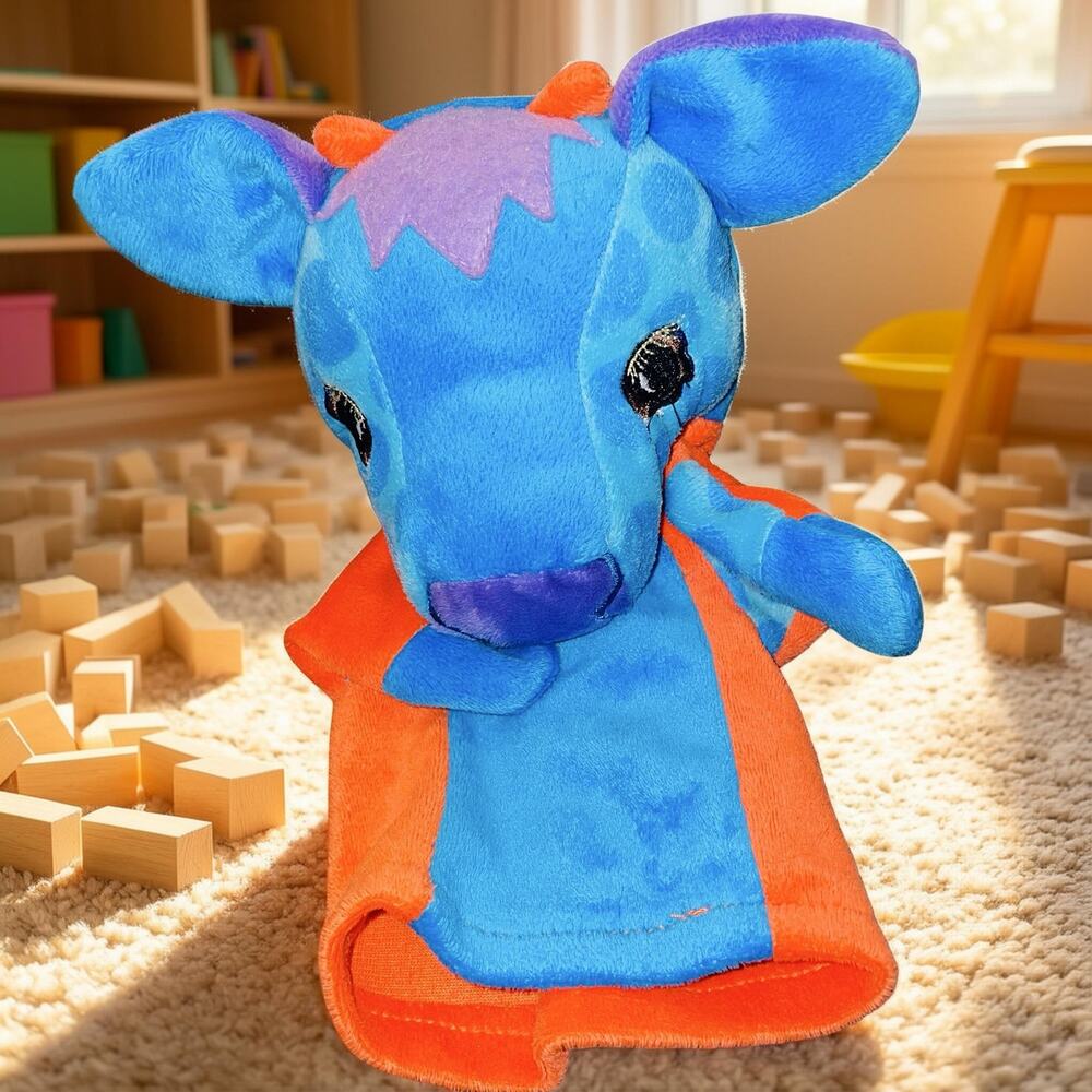 The Puppet Company Cow Hand Puppet Blue Orange Colorful Knitted Sock Toy 10"